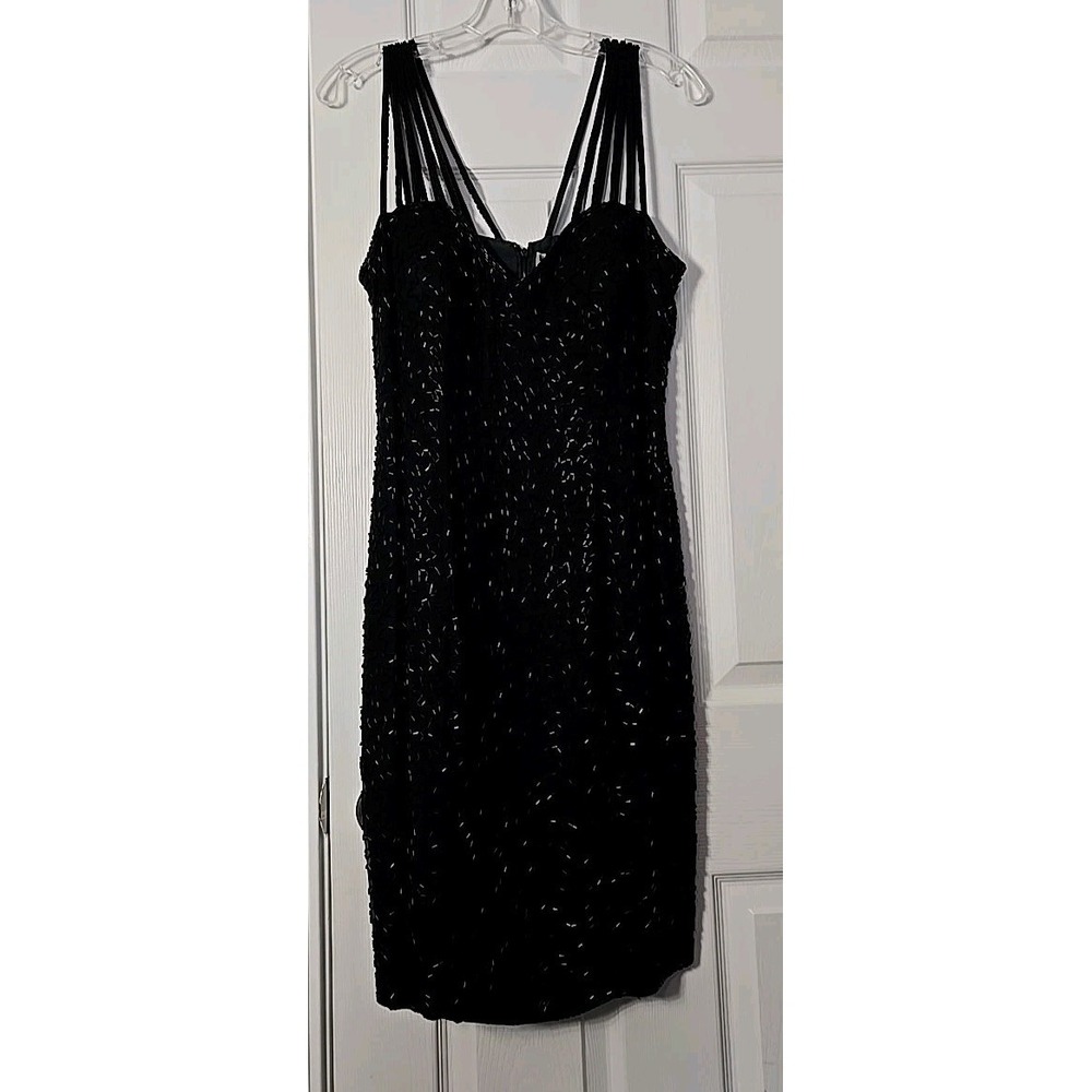 Vtg Kathryn Conover Beaded Silk Strappy Cocktail Evening Dress Black Size 10
